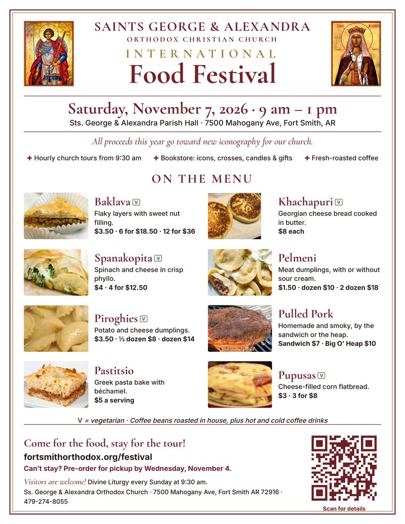 2026 Food Festival flyer with the full menu and prices: baklava, spanakopita, piroghies, pastitsio, khachapuri, pelmeni, pulled pork and pupusas